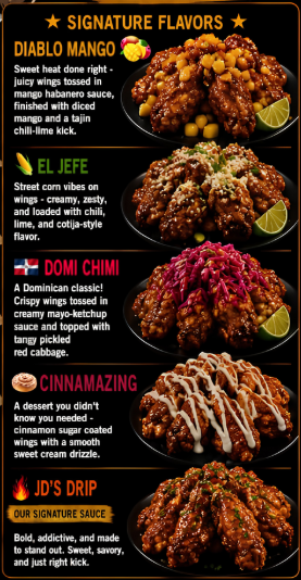 JD'S WINGZ signature flavorz menu board
